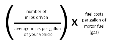the fuel costs per gallon of motor fuel (gas) divided by the average miles per gallon of your vehicle, multiplied by the number of miles driven